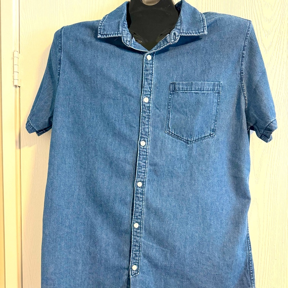 Cotton On Mens Blue Denim Button Up Short Sleeve Shirt Size L